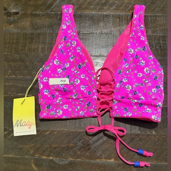 NWT Maaji Reversible Pink Shimmer Floral Bikini Top Bottom Swimsuit Sz Medium - Picture 8 of 16